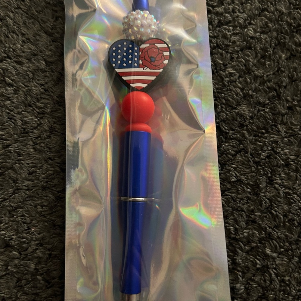 Handcrafted Patriotic Blue and Red Heart Beaded Party Pen